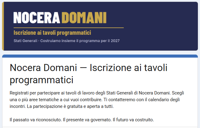 Il modulo online di iscrizione ai tavoli programmatici di Nocera Domani